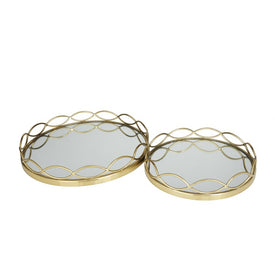 14", 18"W Round Stainless Steel Mirrored Trays Set of 2 - Gold