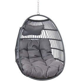 Julia Two-Piece Resin Wicker Hanging Basket Egg Chair Swing with Cushions and Headrest - Gray