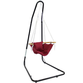 Audrey Olefin Outdoor Single-Person Hammock Hanging Chair with Bamboo Armrest and Black Steel Stand - Red