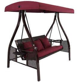 Three-Person Outdoor Patio Swing with Adjustable Canopy Shade, Foldable Side Tables, Cushions and Pillow - Merlot
