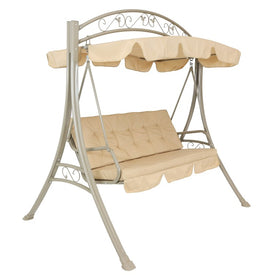 Outdoor Three-Person Steel Patio Swing with Adjustable Canopy and Tufted Cushions - Beige