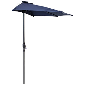 9' Solar Outdoor Half Patio Umbrella with LED Lights and Crank - Navy Blue