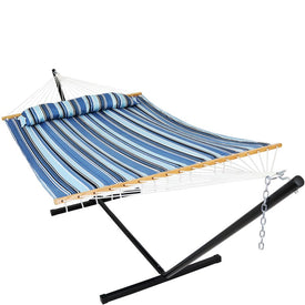Quilted Fabric Outdoor Two-Person Hammock with Spreader Bars and Freestanding Stand - Misty Beach