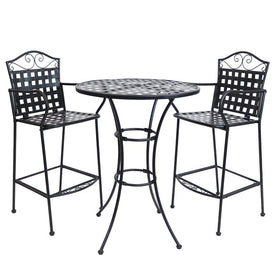 Scrolling Wrought Iron Outdoor Bar Chair and Table Set - Black