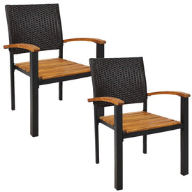 Malachi Acacia Wood and Resin Rattan Outdoor Patio Armchairs Set of 2