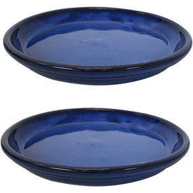 12" Outdoor/Indoor High-Fired Glazed Ceramic Flower Pot Saucers Set of 2 - Imperial Blue