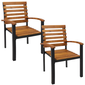 Julian Acacia Wood and Steel Outdoor Patio Arm Chairs Set of 2