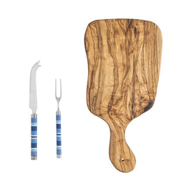 Jubilee Cheese Knife, Fork, and Olivewood Board Set - Shades of Denim