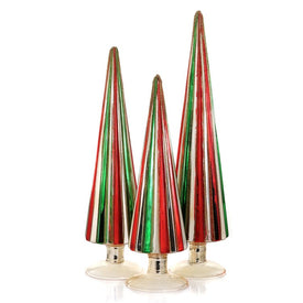 Red and Green Pleated Glass Christmas Tree Tabletop Decorations Set of 3