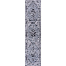 Wincer Chenille Cottage Medallion Machine-Washable 2' x 8' Runner Rug - Navy/Gray/Black