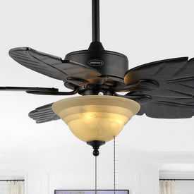 Poinciana 52" Five-Blade Three-Light Palm Leaf LED Ceiling Fan with Pull Chain - Black