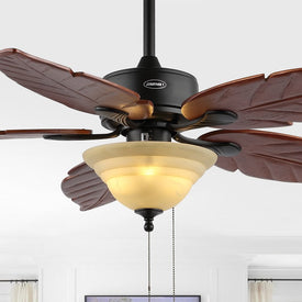 Poinciana 52" Five-Blade Three-Light Palm Leaf LED Ceiling Fan with Pull Chain - Dark Brown