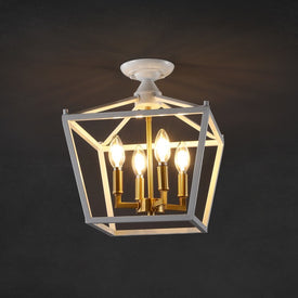 Plains Mini Lantern 12" Four-Light LED Flush Mount Ceiling Fixture - White/Brass Gold