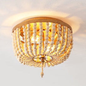 Allison 10" Two-Light Wood Beaded LED Flush Mount Ceiling Fixture - Antique Gold/Cream