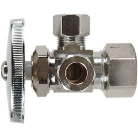 Straight Stop Valve Dual Outlet 5/8 x 3/8 Inch Lead Free Brass Chrome Plated Cross Compression
