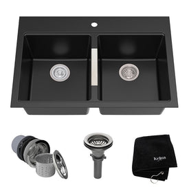 33" 50/50 Double Bowl Black Onyx Granite Undermount Kitchen Sink