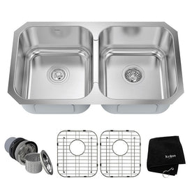 32" 50/50 Double Bowl Stainless Steel Undermount Kitchen Sink with NoiseDefend