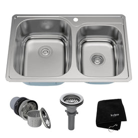 33" 60/40 Double Bowl Stainless Steel Drop-In Kitchen Sink with NoiseDefend