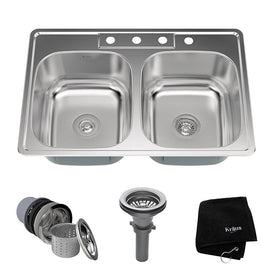 33" 50/50 Double Bowl Stainless Steel Drop-In Kitchen Sink with NoiseDefend