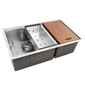 Pro Series Prep Station 32" Offset Double Bowl Stainless Steel Undermount Kitchen Sink with Accessories