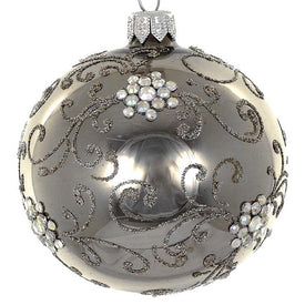 Graphite European Mouth-Blown Hand-Decorated 4" Round Holiday Ornament