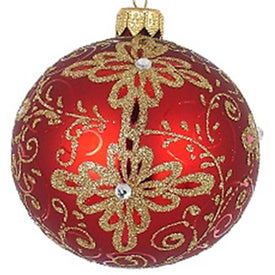 Red with Gold Matte European Mouth-Blown Hand-Decorated 4" Round Holiday Ornaments Set of 4