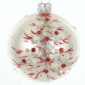 White with Red Leaves European Mouth-Blown Hand-Decorated 4" Round Holiday Ornaments set of 4