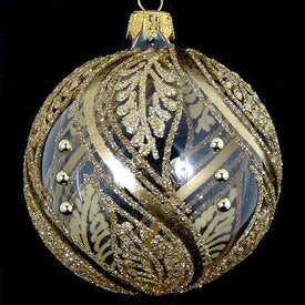 Gold on Clear Herringbone European Mouth-Blown Hand-Decorated 4" Round Holiday Ornament
