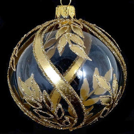 Gold on Clear Leaf European Mouth-Blown Hand-Decorated 4" Round Holiday Ornament