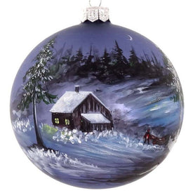 Handpainted Snowy Cabin European Mouth-Blown Hand-Decorated 4" Round Holiday Ornament