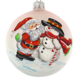 Handpainted Santa and Snowman European Mouth-Blown Hand-Decorated 4" Round Holiday Ornament