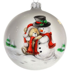 Handpainted Snowman and Teddy Bear European Mouth-Blown Hand-Decorated 4" Round Holiday Ornament