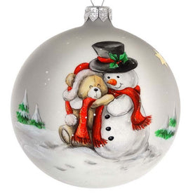 Handpainted Santa and Teddy Bear European Mouth-Blown Hand-Decorated 4" Round Holiday Ornament
