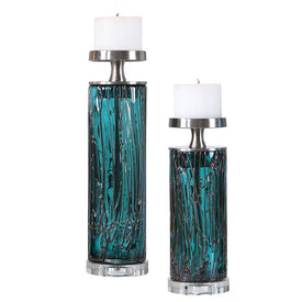 Almanzora Teal Glass Candle Holders Set of 2 by David Frisch