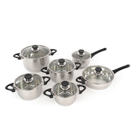 Essentials Premium 18/10 Stainless Steel Cookware 12-Piece Set with Black Handles