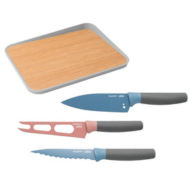 Leo Stainless Steel Knives with 16" Bamboo Cutting Board Four-Piece Set