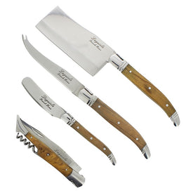 Laguiole Connoisseur Olive Wood Cheese Knife and Wine Opener Four-Piece Set