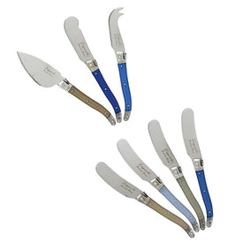 Laguiole Cheese Knife and Spreader with Cream/Blue Handles Seven-Piece Set