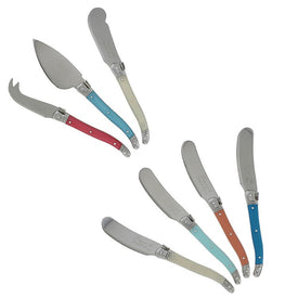 Laguiole Cheese Knife and Spreader with Cream/Coral/Turquoise Handles Seven-Piece Set