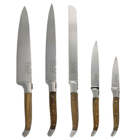 Laguiole Connoisseur Kitchen Knives with Olive Wood Handles Set of 5 with Magnetic Display