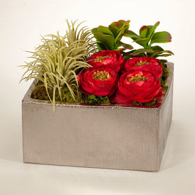 Red Faux Cabbage Roses in Silver Square Box