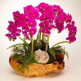 Fuchsia Orchids and Geode in Wood Bowl