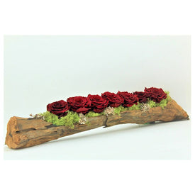 Red Preserved Roses in Elongated Wood Log