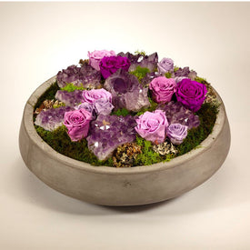 Preserved Roses with Amethyst Geode in Large Concrete Bowl