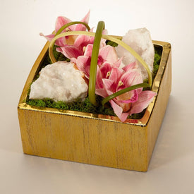 Pink Orchids with Moroccan Geode in Gold Square Container