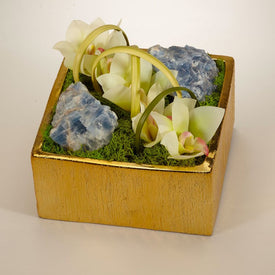 White Orchids with Blue Calcite Geode in Gold Square Container