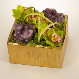 Green Orchids with Amethyst Geode in Gold Square Container