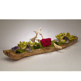 Fuchsia Preserved Roses and Amethyst in Elongated Wood Log