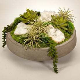Succulents with Quartz in Concrete Bowl