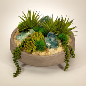 Succulents with Fluorite in Concrete Bowl